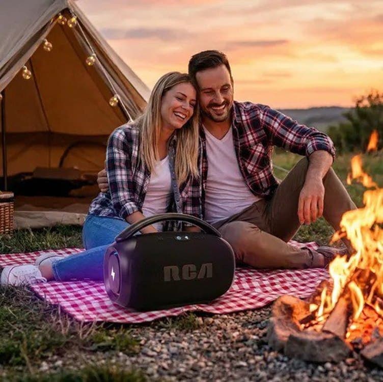Caixa de Som Bluetooth RCA RS-FR213 120W – Alto-Falante com Luzes LED Sincronizadas, 4 Modos Ritmo Música,Rádio FM/USB/AUX, Bateria 8h, Alça de Transporte – Ideal para Festas e Uso Doméstico