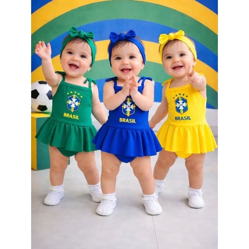 Bory Bebê Brasil com Faixa de Cabelo Roupa Infantil Menina Tema Brasil Conjunto Bebê Fofo