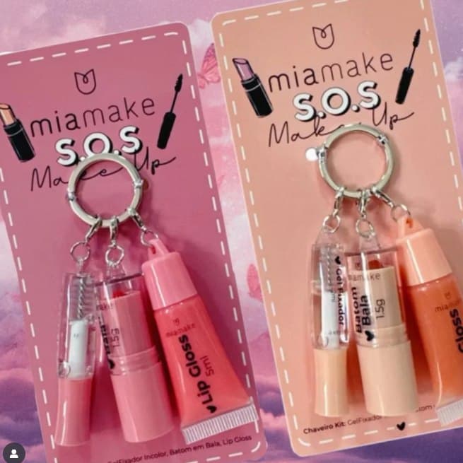Kit chaveiro 3 em 1 batom bala, lip gloss e gel fixador Mia Make SOS Make Up