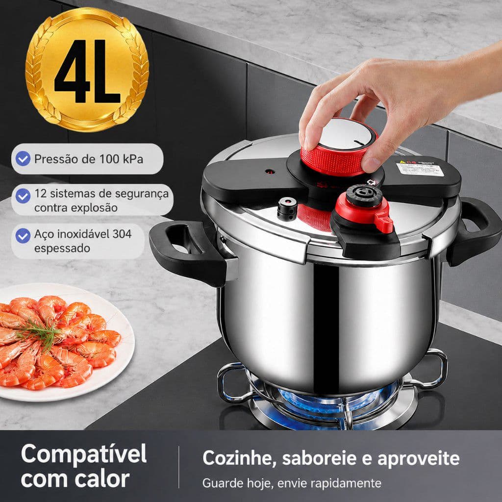 Panela de Pressão Aço Inox 4-8L Fundo Triplo Indução e Gás Fechamento Externo